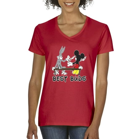 New Way 006 - Women's V-Neck T-Shirt Best Buds Smoking Bench Mickey Bugs (Best Buds T Shirt)