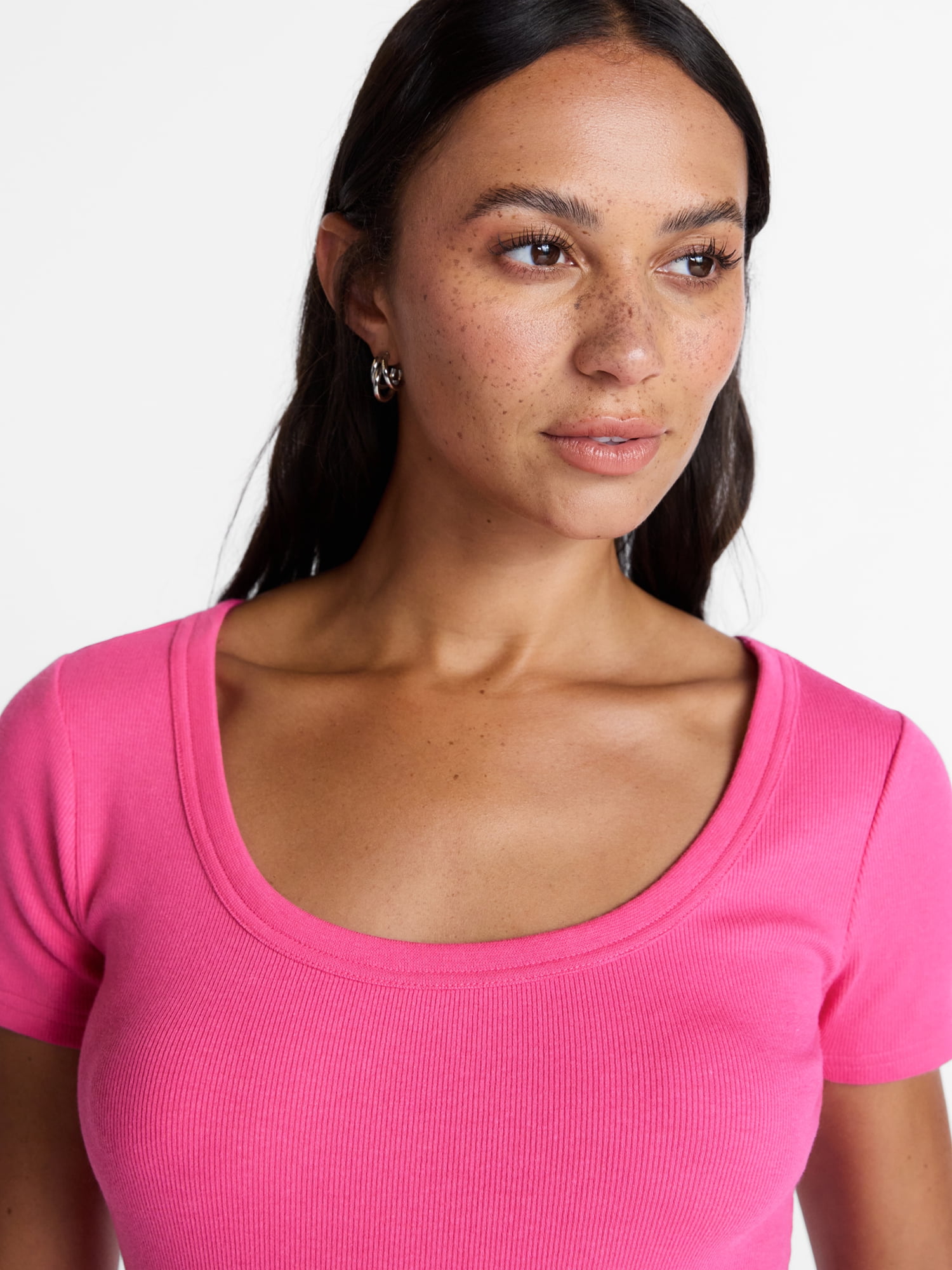 Time and Tru Women's Ribbed Scoop Neck Tee with Short Sleeves, Sizes XS-XXXL