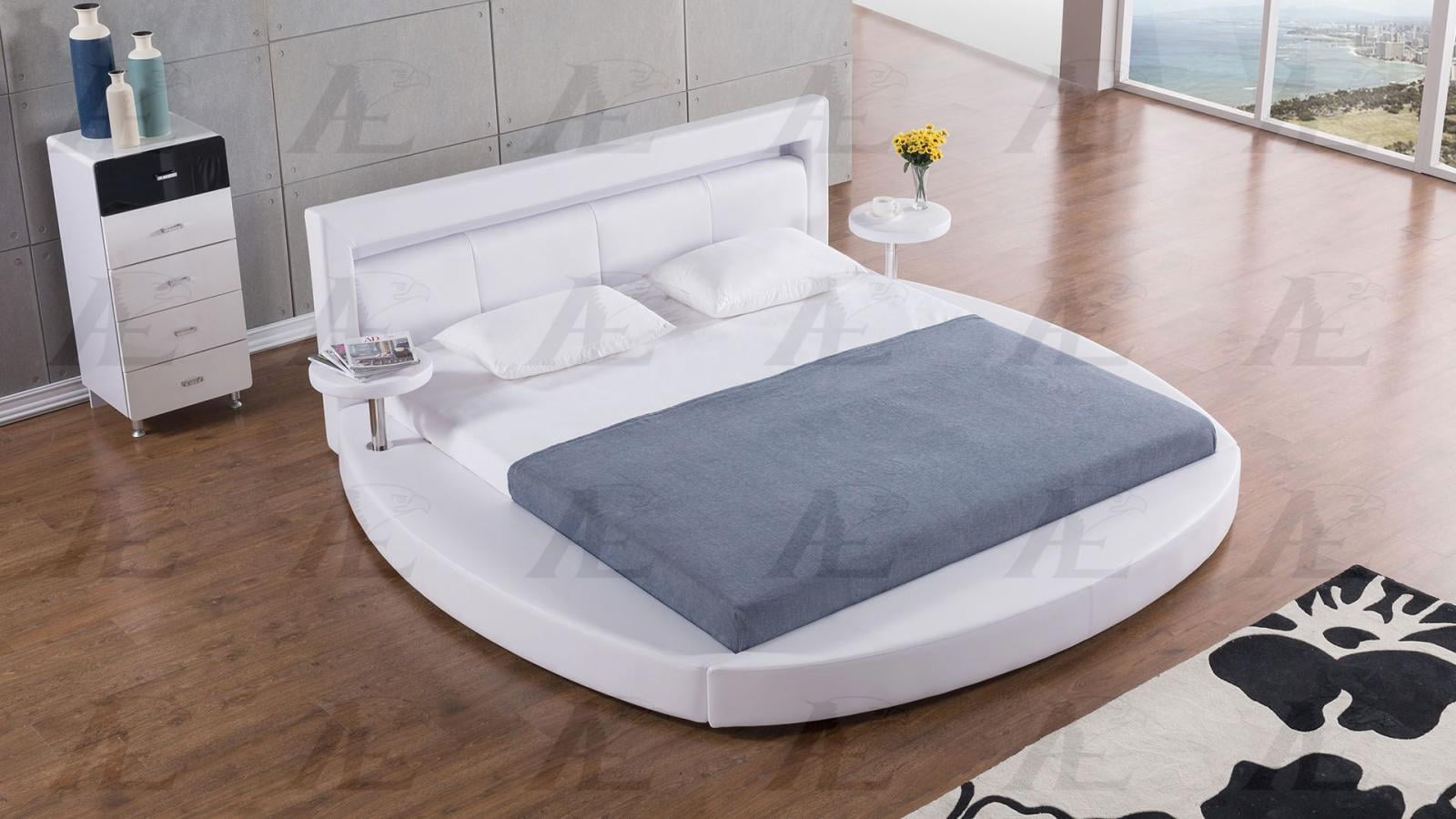 White Faux Leather Round Shape Cal King Bed w/LED Light American Eagle