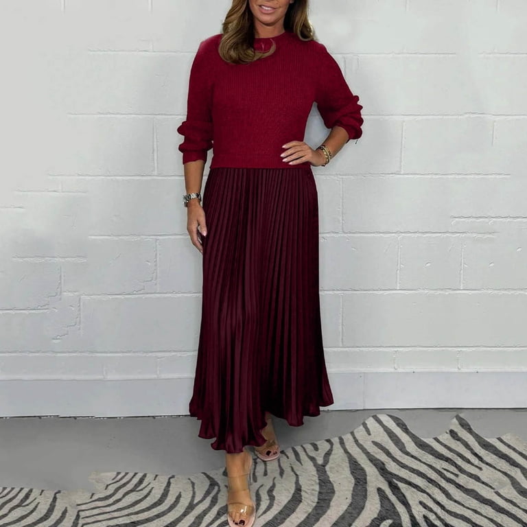Solthread Women's Solid Color Long Sleeve Jumperand Pleated Bottom Dress Fashion Casual Patchwork Crewneck Spring Dresses Red Xxxl, Size: 3XL Solthread Women's Solid Color Long Sleeve Jumperand Pleated Bottom Dress Fashion Casual Patchwork Crewneck Spring Dresses Red Xxxl, Size: 3XL