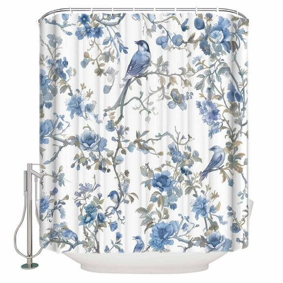 Small Stall Shower Curtain 48x72 Inch Narrow Half Size Blue Spring Floral Bath Curtains Bathroom Decor Birds Summer Flowers Botanical Waterproof Fabric Shower Curtain Set with Hooks 48 Inch