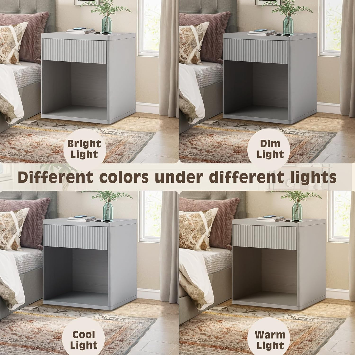 Haverchair Fluted Night Stand, Nightstands with Drawer Storage, Modern Mid Century Bed Side Table End Table, Large Modern Wide Bedside Table for Bedroom Living Room Sofa Couch Office, Gray