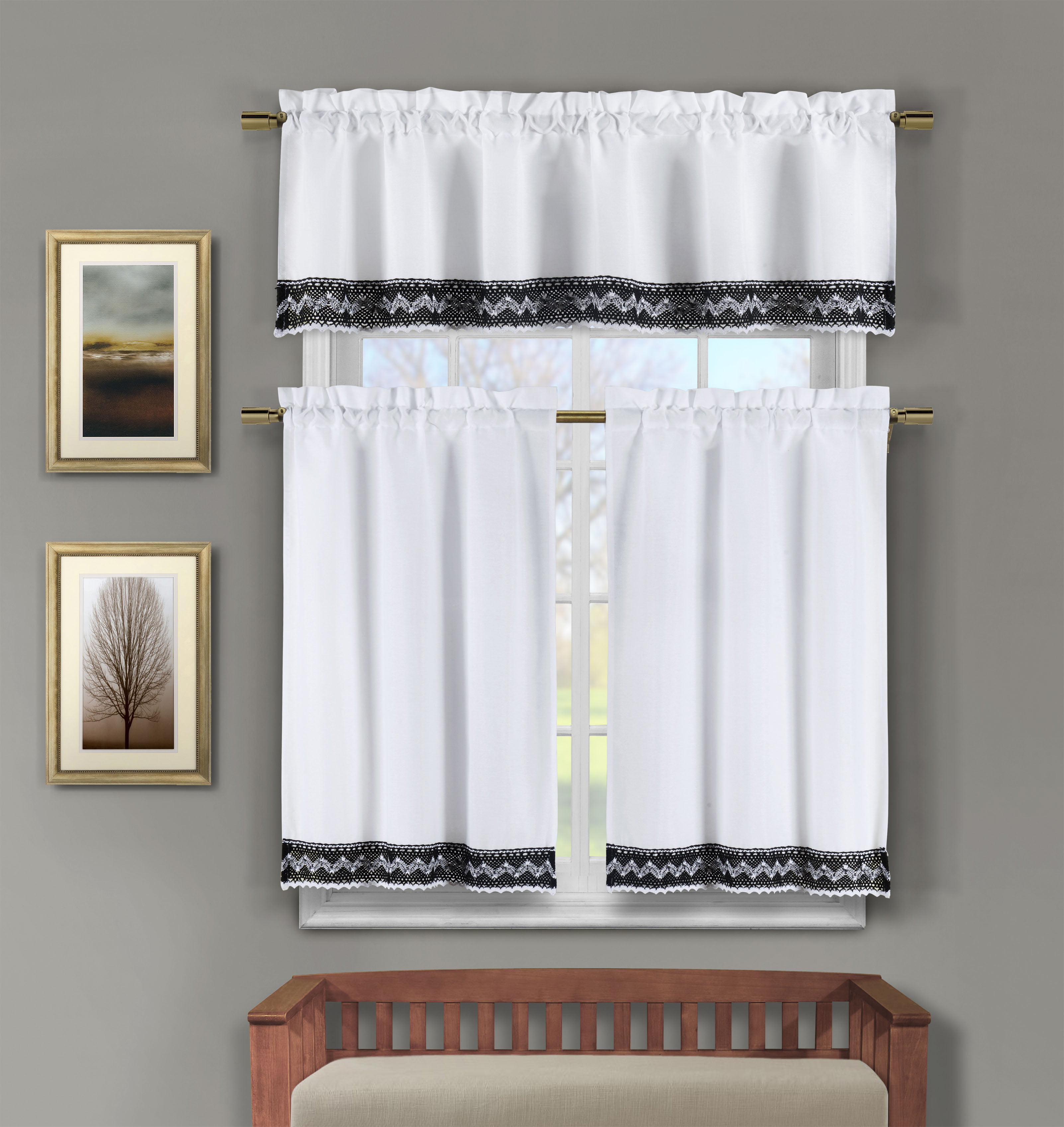 Striped Pattern Linen 3 Pc Cotton Rich Kitchen/Cafe Tier Window Curtain Set 