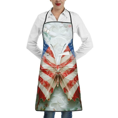 

Qekee Patriotic Butterfly Floral Print Adjustable Bib Apron Resistant with Pocket Cooking Kitchen Aprons for Women Men Server Chef Apron
