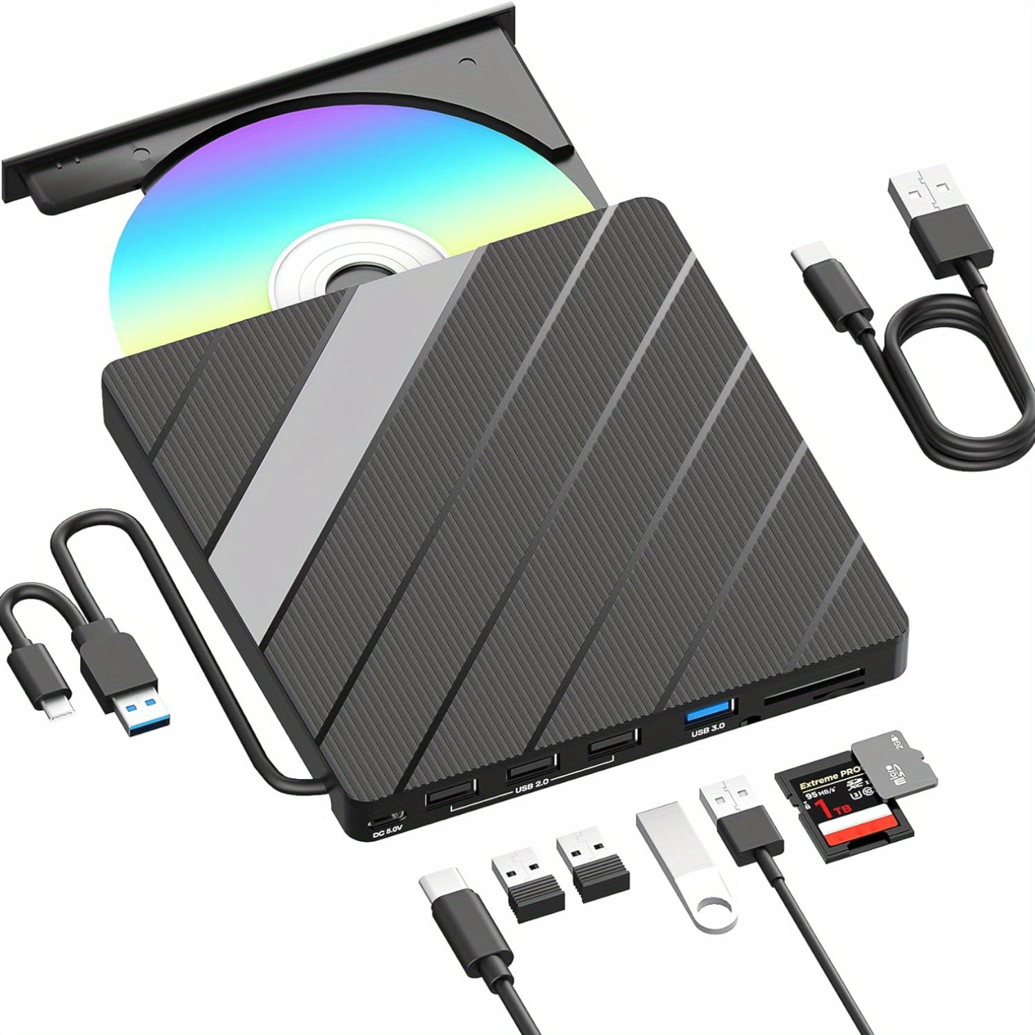External CD DVD Drive for Laptop, Portable CD/ DVD +/ -RW Burner DVD Player for Laptop 7 in 1 USB 3.0 USB C Hub with SD/ Micro SD Card Reader Compatible with Laptop Desktop Mac PC Windows Linux