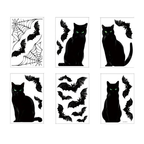 Pegatinas para ventanas de Halloween: 4 siluetas grandes de gatos negros, telarañas y murciélagos. 6 hojas para decoración de interiores. Fáciles de despegar y pegar. Retirada sin dejar residuos. Idea