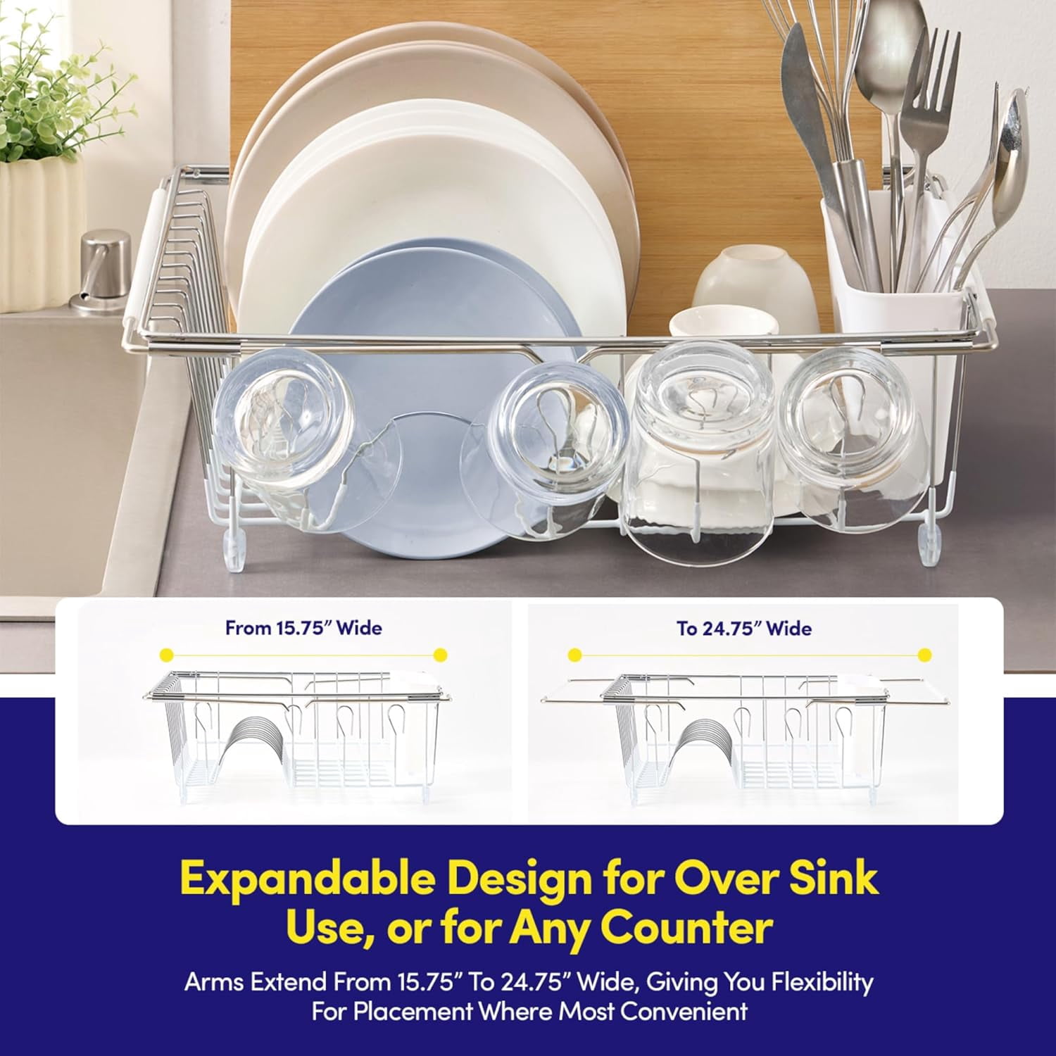 Dish Drying Rack Over The Sink Expandable to 24.5" Dish Drainer — Space-Saving Rectangular Kitchen Extending Drying Station with Utensil Holder, Fits Most Sinks for Easy Dish Organization, White