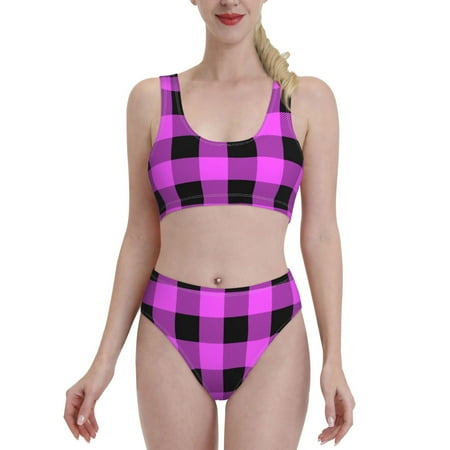 Bixox Purple Black Buffalo Plaid Pattern Two-Piece Sports Bikini with U-Shaped Top and High-Waist Bottom - Women s Swimwear with Removable Bra Pads