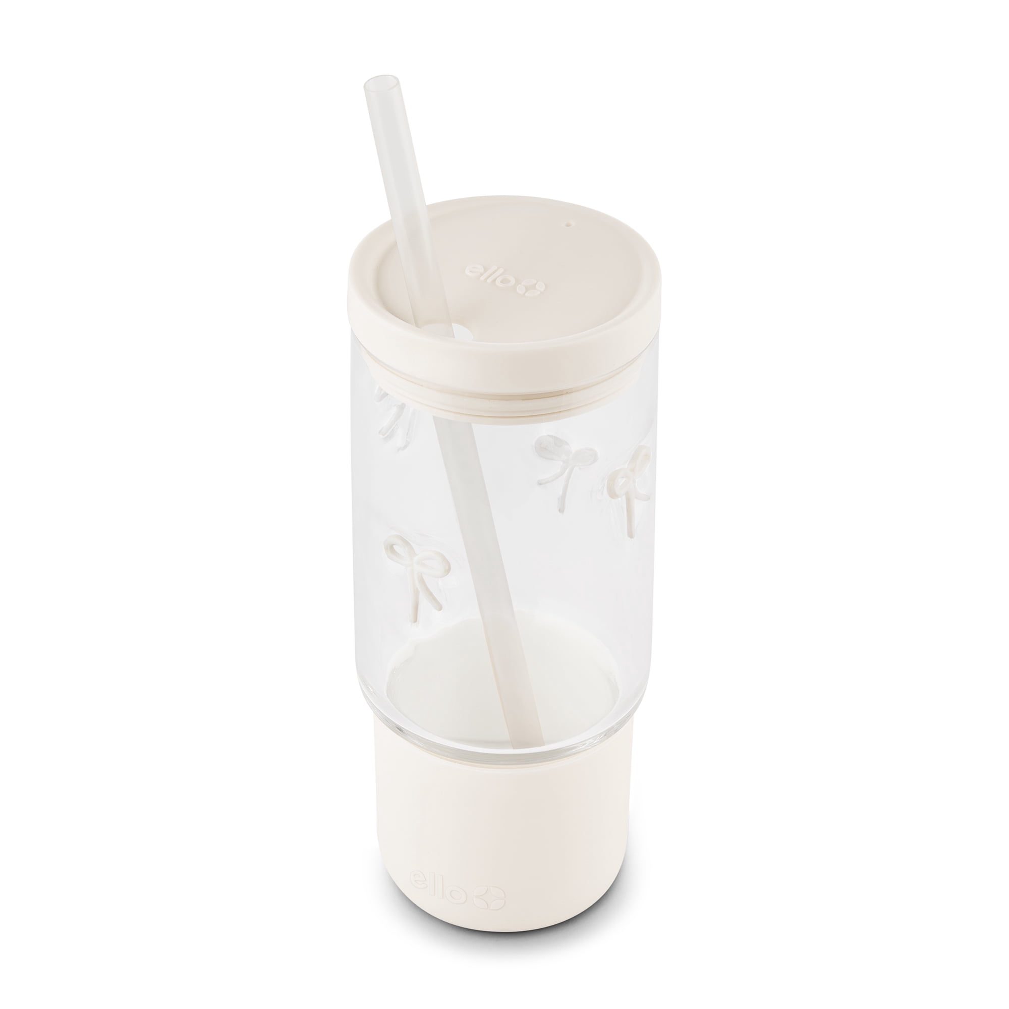 Ello Charmed 18oz Glass Tumbler with Lid and Straw | BPA Free, Dishwasher Safe | Ideal for Juice, Iced Coffee, & Tea | White Bows