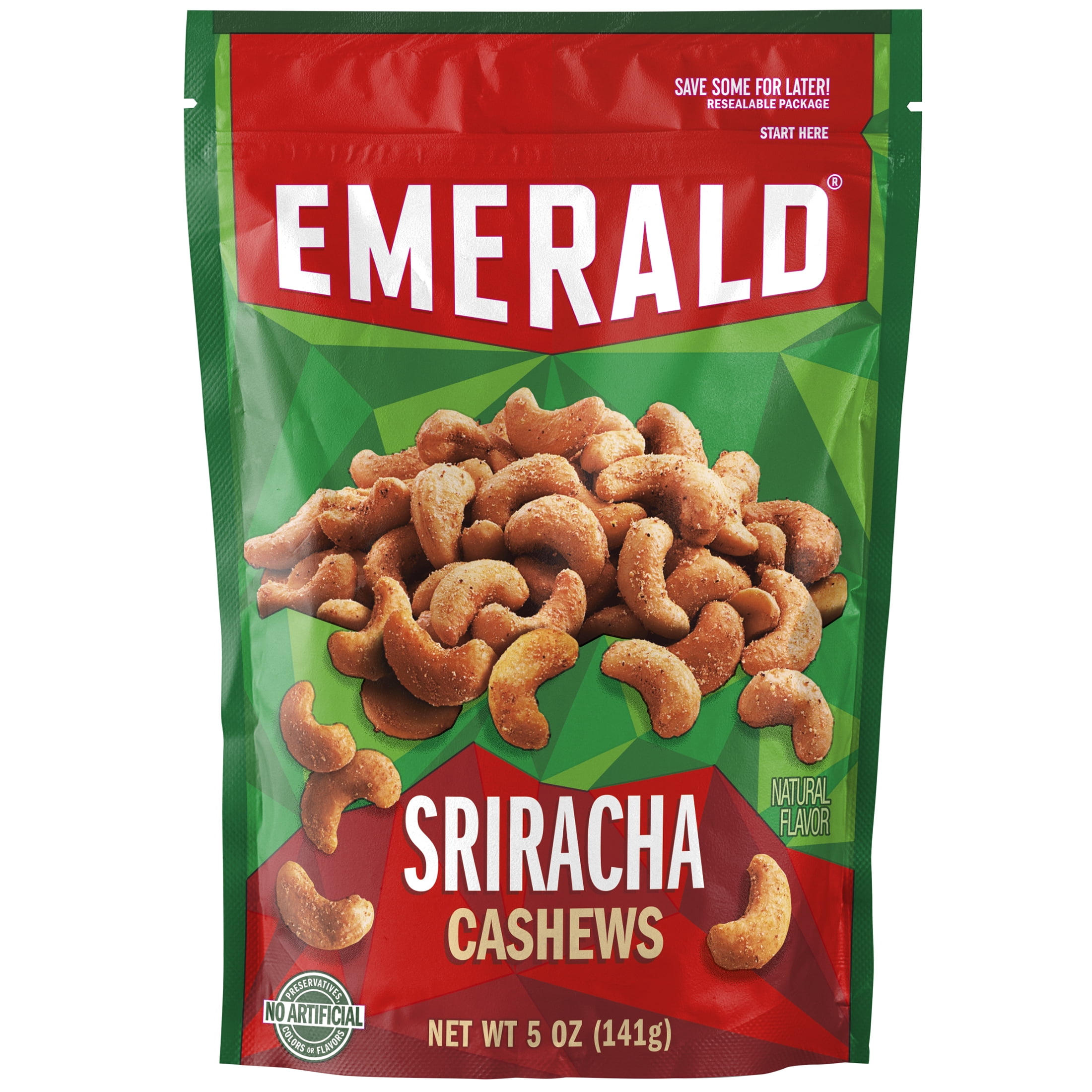 Emerald Nuts Sriracha Cashews, 5 oz Resealable Bag (Pack Of 6)