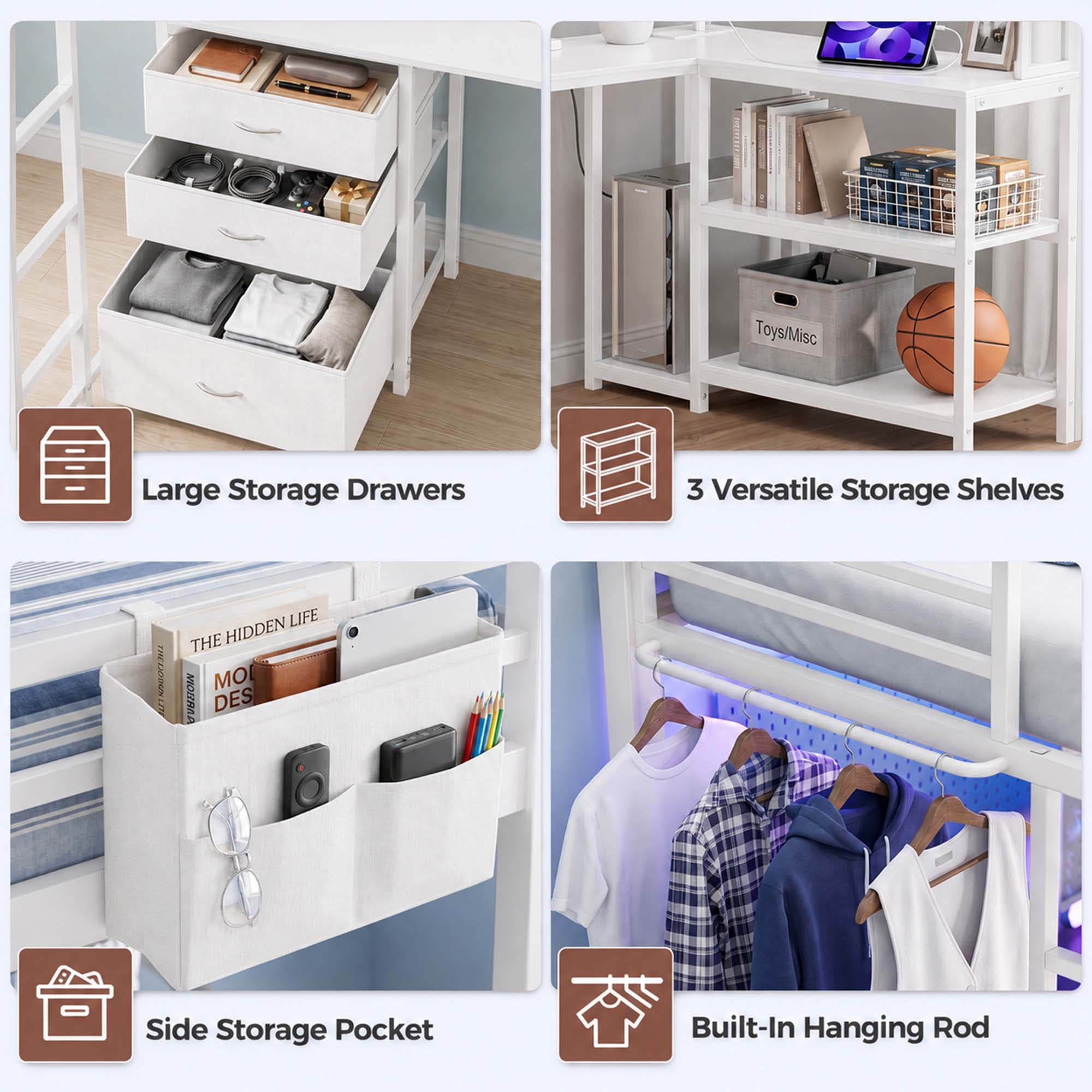Miniyam Twin Loft Bed with L-Shaped Desk and Storage, LED Light and Charging Station, White