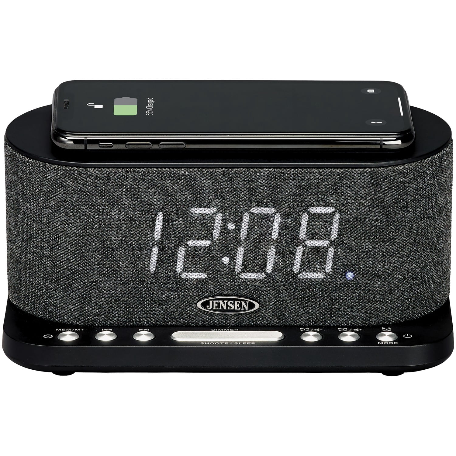 JENSEN FM Digital Dual-Alarm Clock Radio with Large Display, Wireless Qi and USB Charging, Aux Input, and Battery Backup, QiCR-50