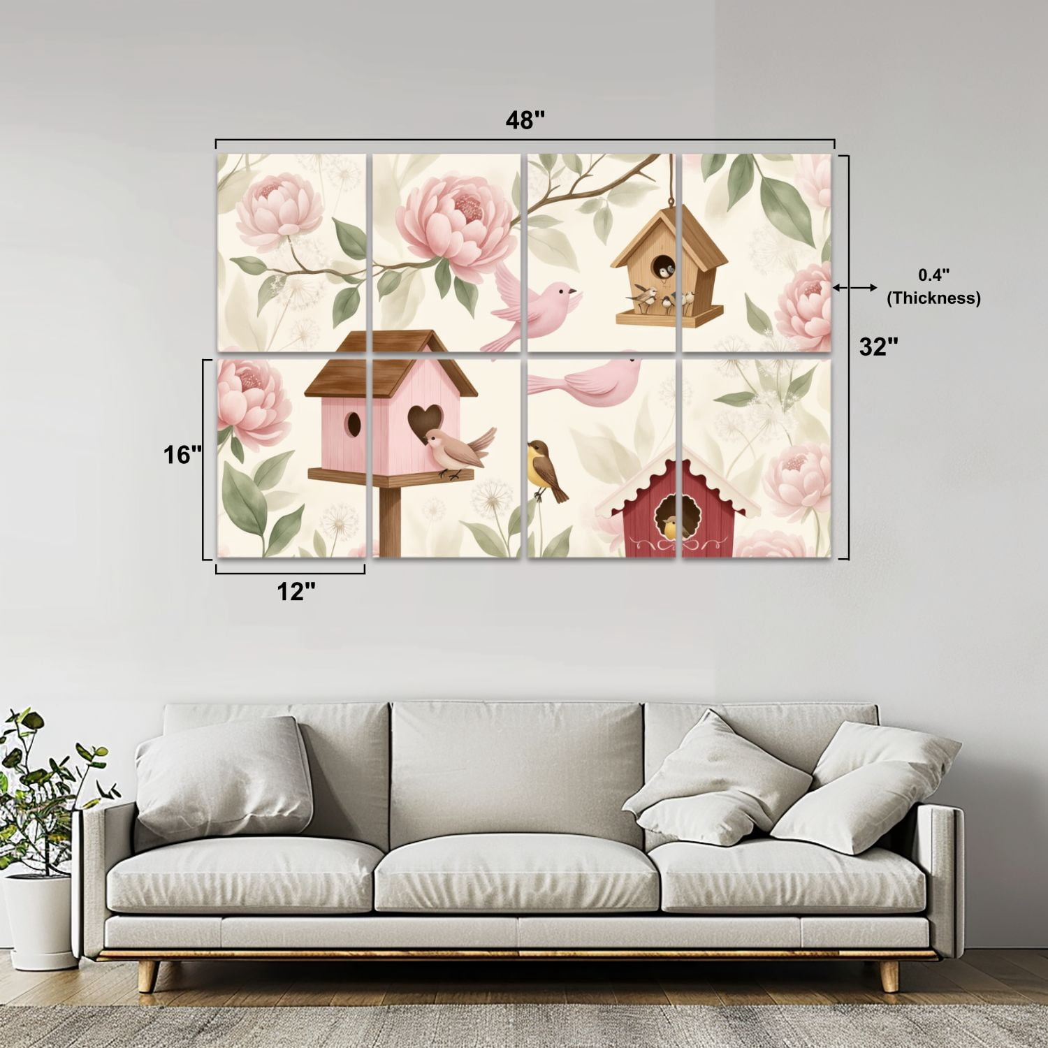 8 Pack Art Acoustic Panels Sound Absorbing Pastel Floral Birdhouses Small Birds Decorative Soundproof Wall Panels Self Adhesive for Nursery Game Room Bedroom 48"x32"