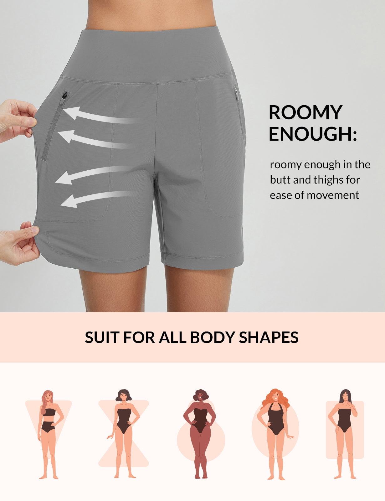 baleaf Women's 7'' Swim Board Shorts with Zipper Pockets High Waisted Tummy Control Long Beach Swimming Shorts UPF 50+ Quick Dry Modest Swimsuits Bottoms Dark Gary L