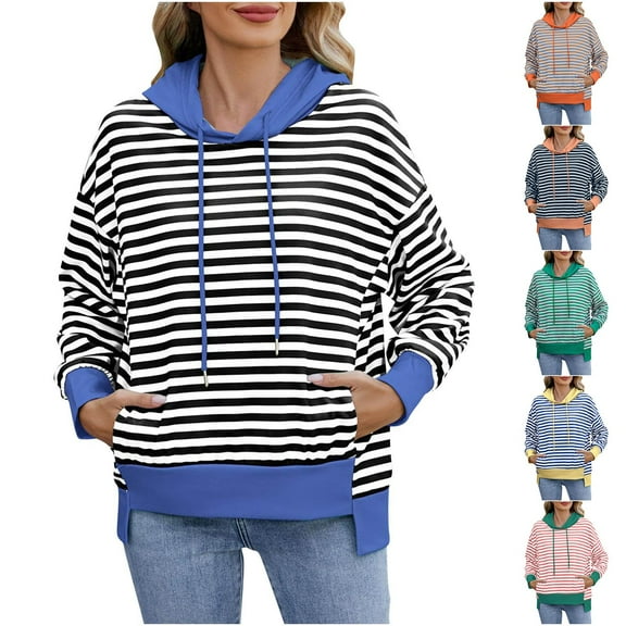 Ashirexll Hoodies for Women, Oversized Hoodies for Women, Ladies' Long Sleeve Hoodies with Pockets Fashion Striped Sweatshirts Pullover for Fall
