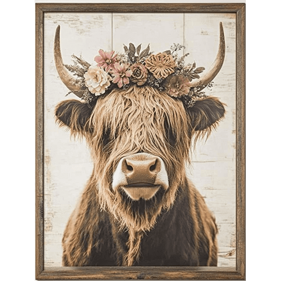 Highland Cow Floral Crown Canvas Wall Art Perfect for Living Room Bedroom Farmhouse Decor Kitchen and Office Spaces.