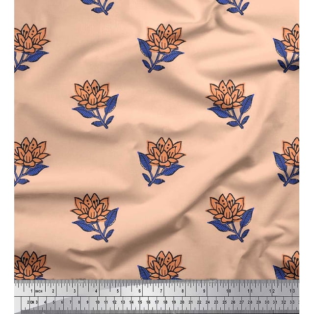 Soimoi Cotton Voile Fabric Leaves & Lotus Block Print Sewing Fabric Yard 42 Inch Wide