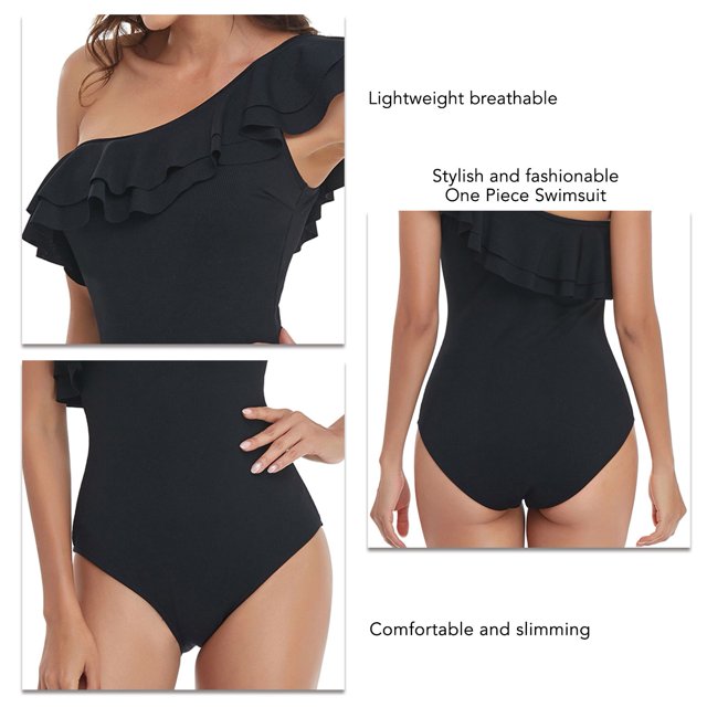 Ruffled Bathing Suits, Pure Color One Piece Swimsuit One Shoulder Asymmetric For Women For Vacation Black S