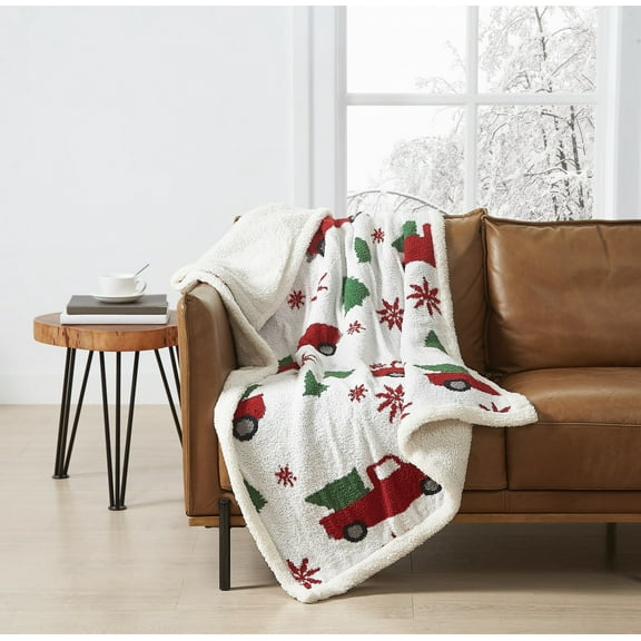 Truly Soft Cozy Tree and Truck Chenille/Sherpa Reversible 50x60 Throw Blanket, OEKO-TEX Certified