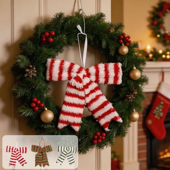 Dongrere Christmas Tree Bow Decor Plush Hanging Ornament Striped Bow for Window Tree Gift Farmhouse Winter Holiday Decor, A