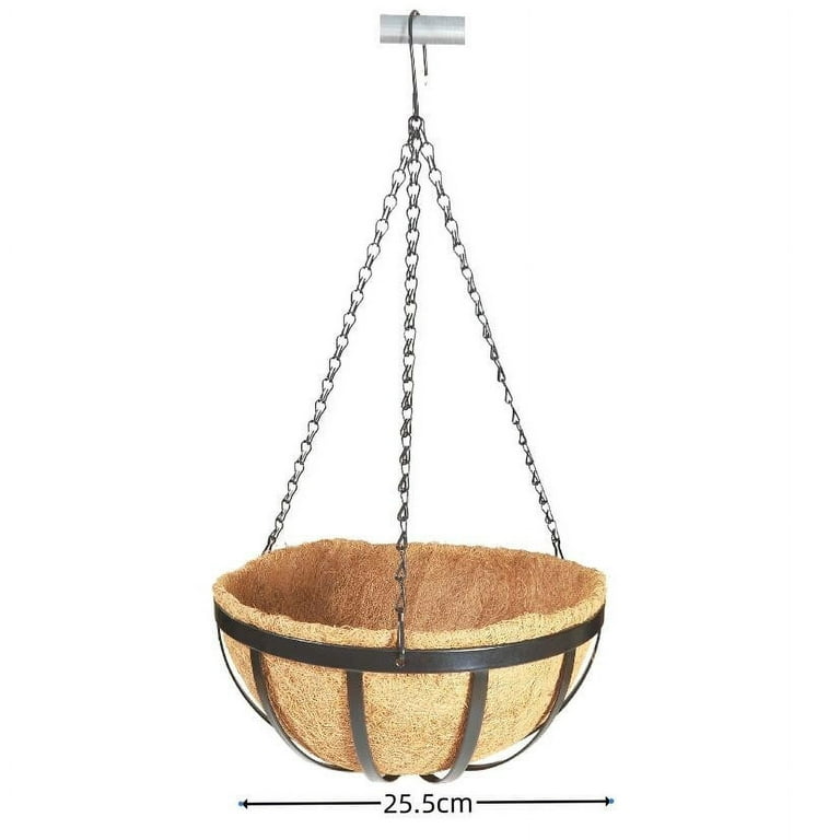 2 pcs Hanging Wire Baskets for Plants with Coconut Coir Liner & Chain  10inch Round Coconut Planter Basket Black Metal Flat Iron Plant Holder  Flower Pot Hanger for Deck Patio Porch Garden
