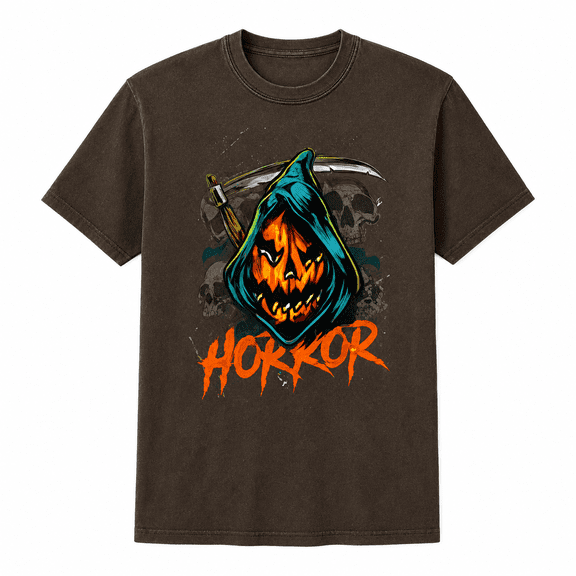 Grim Reaper Pumpkin Halloween T-Shirt, Spooky Hooded Jack O Lantern and Skull Graphic Tee, Unisex Adult Short Sleeve Shirt