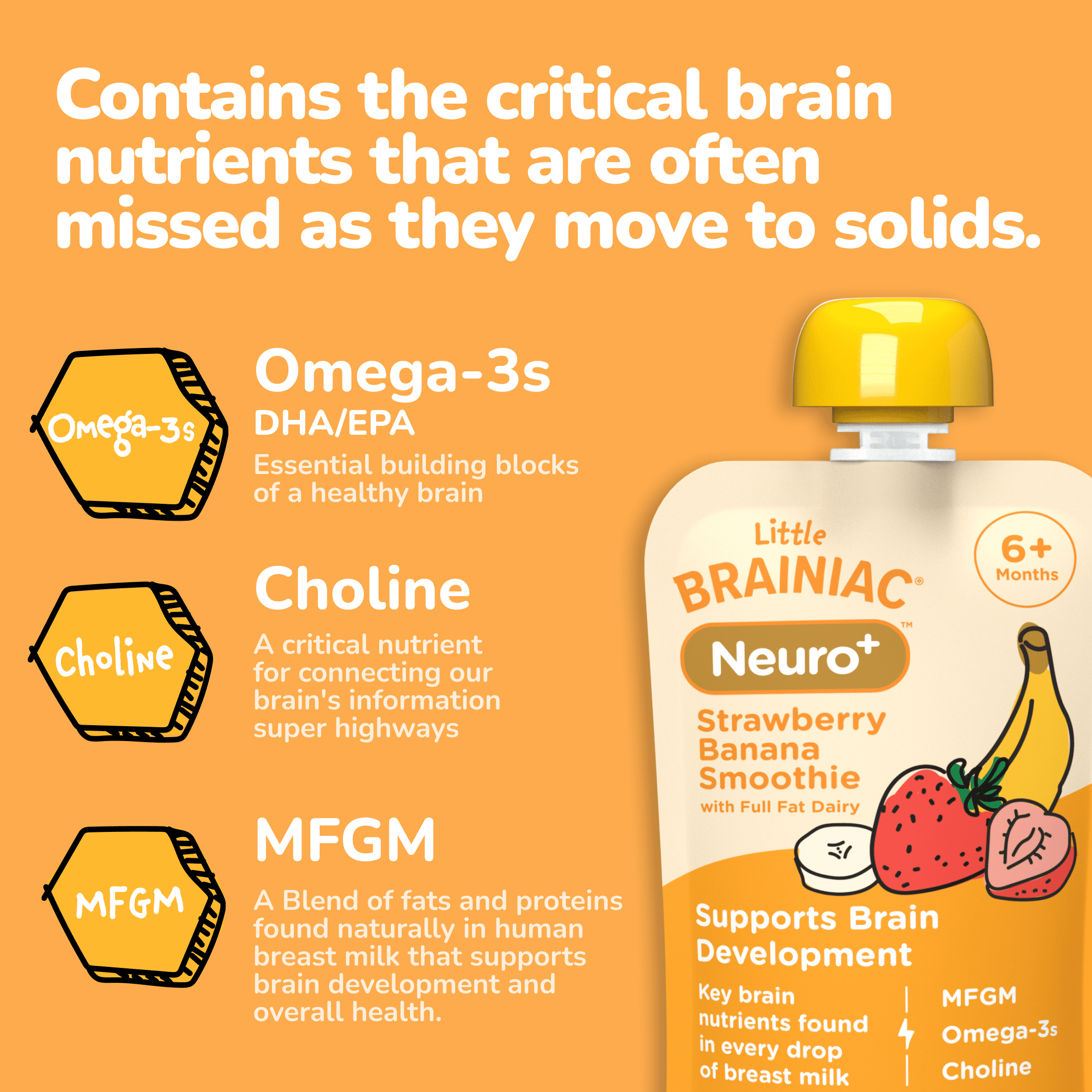 Little Brainiac Neuro+ Smoothie Baby Food Pouch with Omega-3s, Strawberry Banana, 3.5oz, 6ct