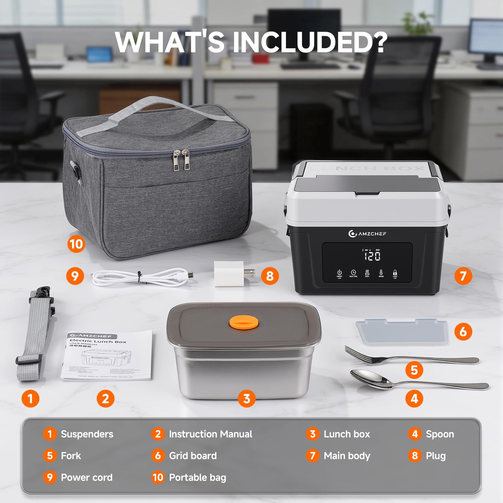 AMZCHEF Electric Food Warmer Lunch Box Portable Cordless Fast Heating Rechargeable Battery Leakproof Stainless Steel Plastic Reusable Lunch Boxes