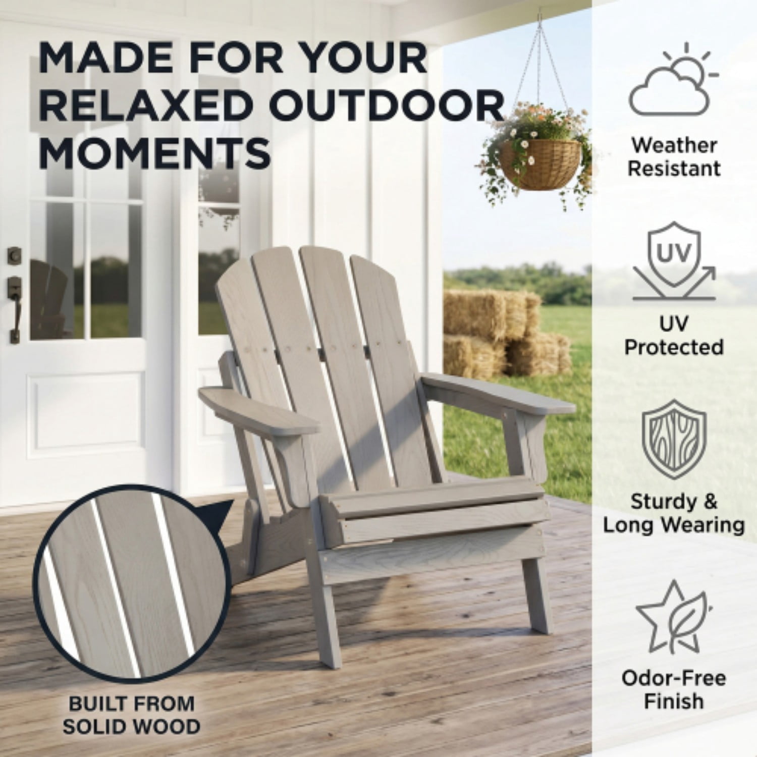 Oversized Adirondack Chair, Wooden Outdoor Folding Patio Chair with Pre-Assembled Backrest & Seat, 330 lb Capacity for Garden, Porch, Pool, Grey