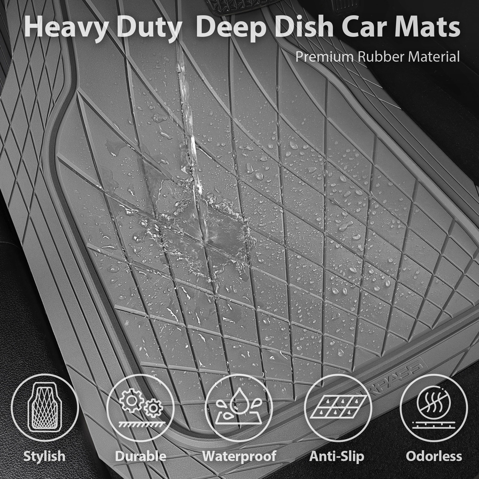 CAR GRAND premium heavy duty rubble car floor mats deep dish all weather waterproof easy clean universal trim fit sedan SUV Van Truck all gray