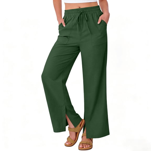 qelini Linen Pants Women Wide Leg Elastic Waist Plus Size Pockets Long Pants Straight Leg Solid Side Slit Buttons Cloths