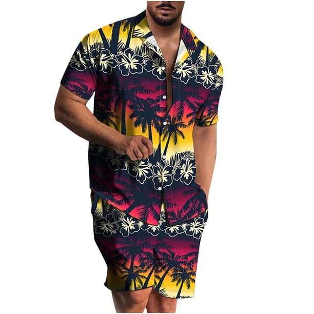 Conjunto casual de blusa y pantalones de playa de manga corta con estampado de botones para hombre Pompotops oipoqjl36225