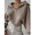 thumbnail image 3 of Women Long Sleeve Sweaters Oversized Stretch Fitted Pullover Sweater Ribbed Solid Color Knit Jumper Tops Khaki L, 3 of 6