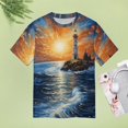 thumbnail image 4 of Lighthouse Sunrise Coast Scenery Pale Blue Tan Women's Short Sleeve T-Shirt Crew Neck Casual Summer Trendy Loose Fit Tops, 4 of 6