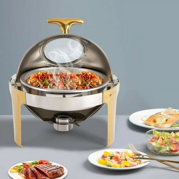 Roll Top Chafing Dish Buffet Set 6.3 QT Round Stainless Steel Chafing Server Kit