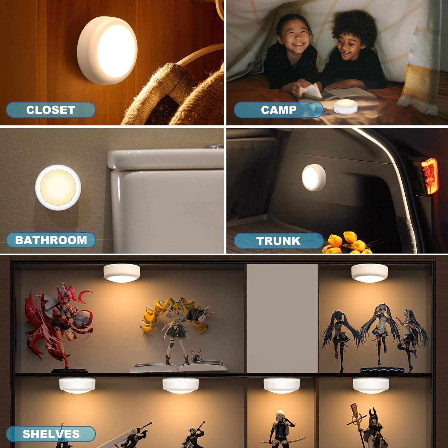 JJEAN-Battery Operated Puck Litghts with Remote Warm Natual Cool White Three Color Wireless Under Cabinet Lighting Push Lights Stick On Tap Lights with Dimmer & Timmer for Bedroom, Closet