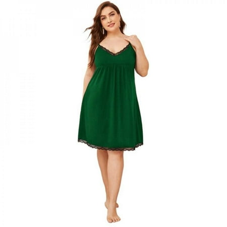 

Clearance!Plus Size Ladies Lace Sleepshirt Skin-Friendly Solid Color Deep V-neck Nightdress Slim Home Wear For Spring Summer