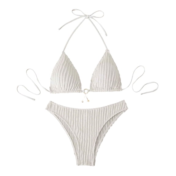 Hduncf Women's Triangle Bikini Sets Halter String Two Piece Swimsuits Tie Pleated Bathing Suit Trendy Beach Swimwear White L