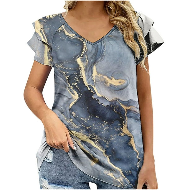 Moda mujer Casual cuello en V veteado nuevo cuello en V doble capa hoja manga corta 3D impreso camiseta pulóver blusa Tops Fridja hjk6426