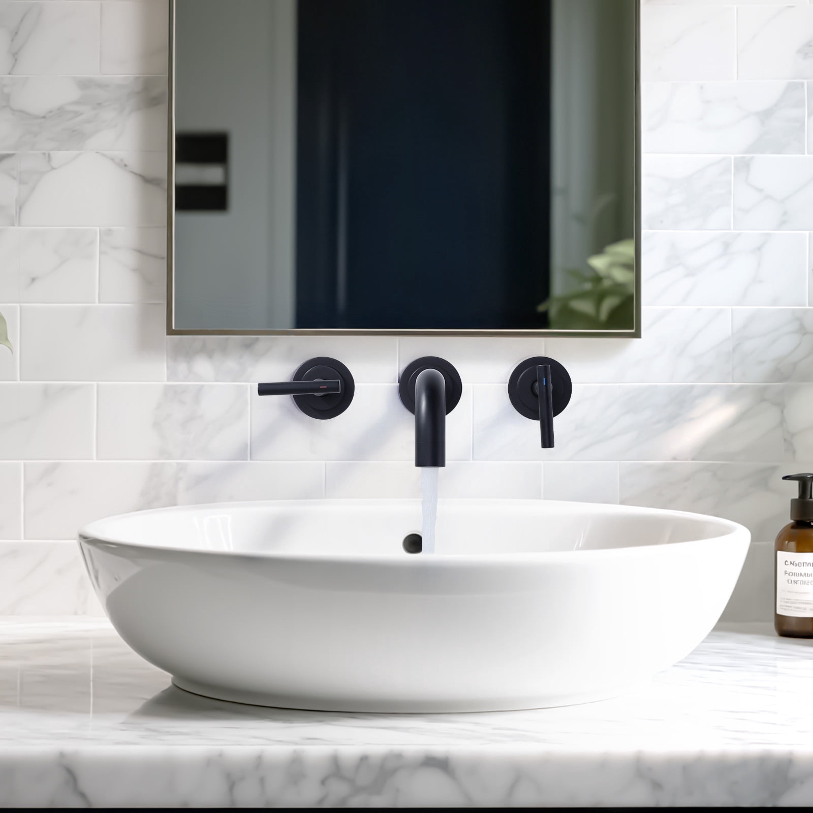 Double Handle Wall Mounted Bathroom Faucet with Rough-in Valve Included in Solid Brass Matte Black