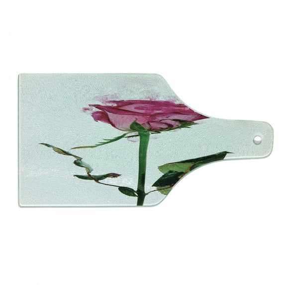 Vintage Rose Cutting Board, Single Rose Flower Branch Smoking Look Illustration, Decorative Tempered Glass Cutting and Serving Board, in 3 Sizes, by Ambesonne