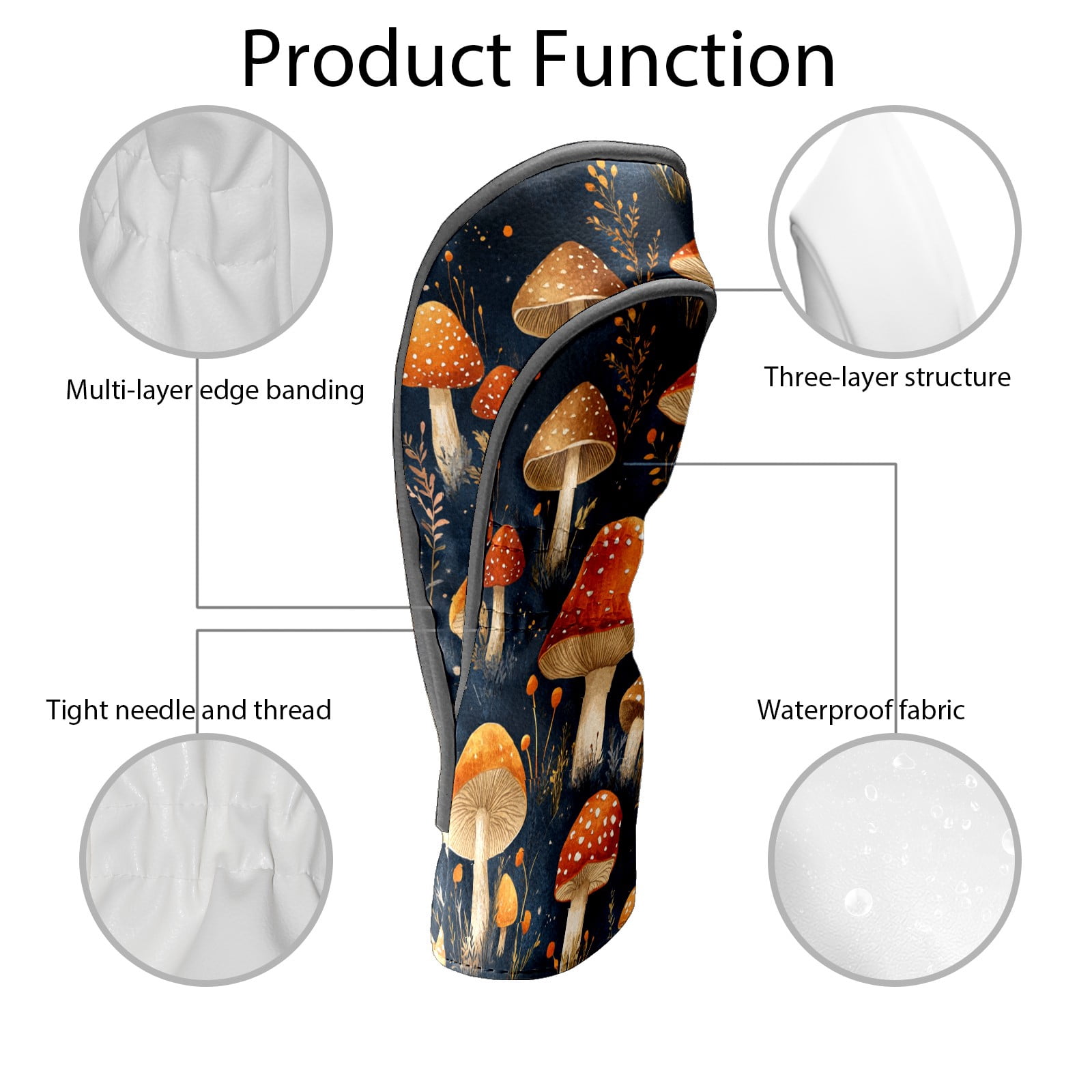 Golf Club Covers PU Leather Waterproof Head Covers for Fairway Woods Hybrids Red Mushroom Unisex Fits Most Brands