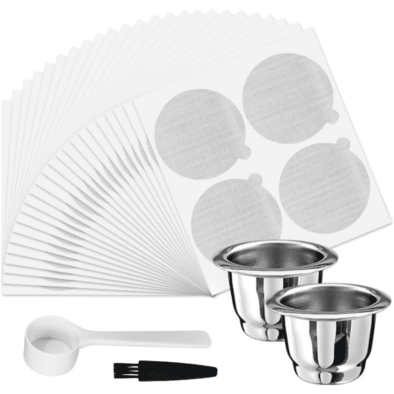  2pcs Reusable Espresso Capsules Stainless Steel Coffee Pods Cups Filters with Aluminum Foil Seals Stickers Lids, Compatible for Nespresso Original Line Machines