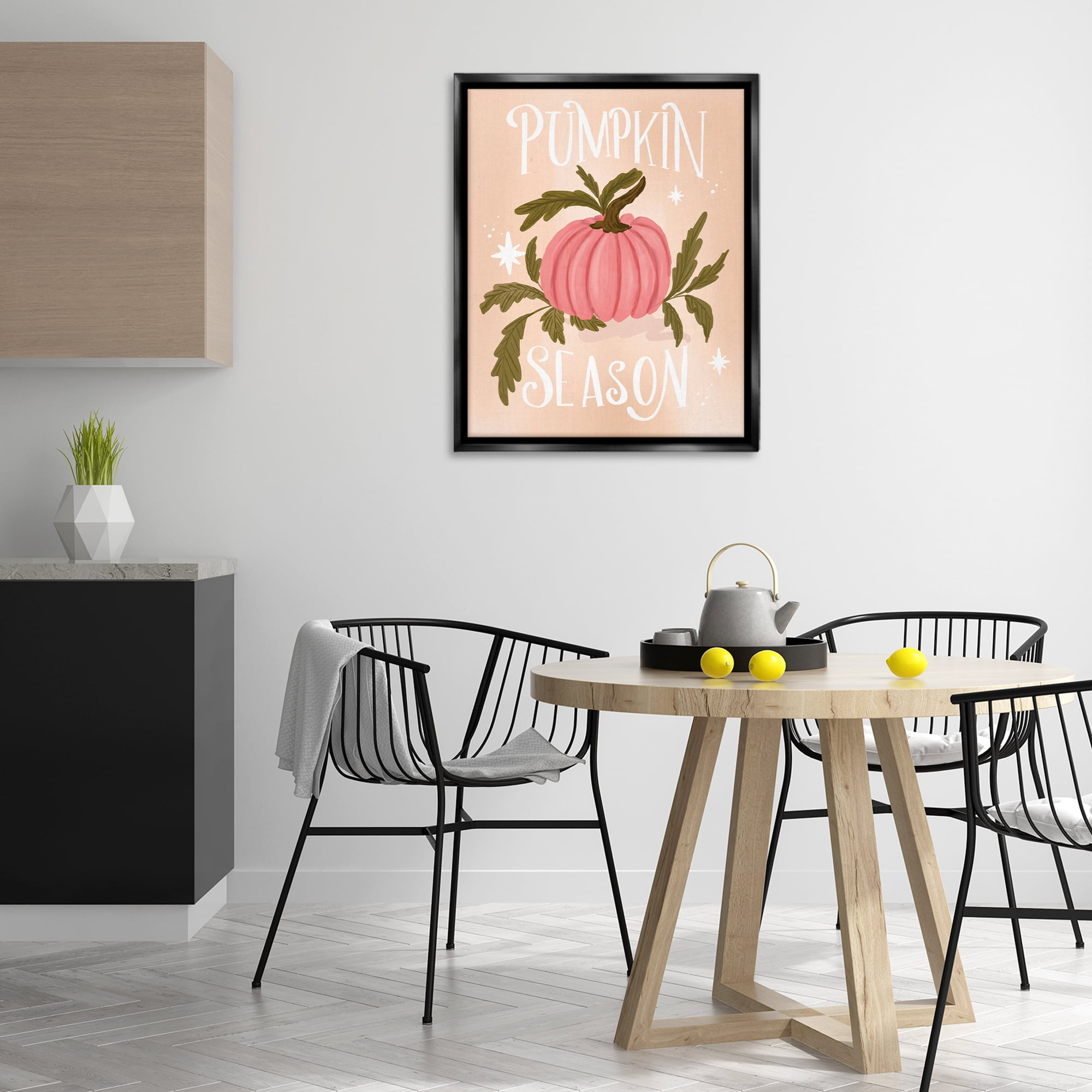 Stupell Industries Pumpkin Season with Leaves Plants & Flowers Painting Black Floater Framed Canvas Art Print Wall Art, 25 x 31