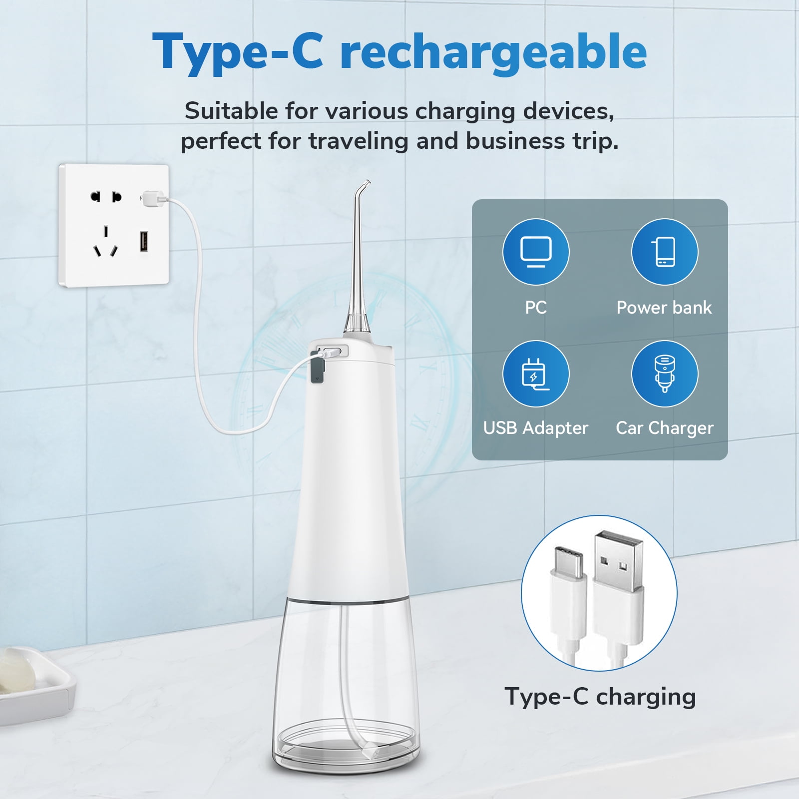 AMBLER Cordless Water Flosser for Teeth,4 Modes 4 Jet Tips Rechargeable Dental Oral Irrigator for Home and Travel (White)
