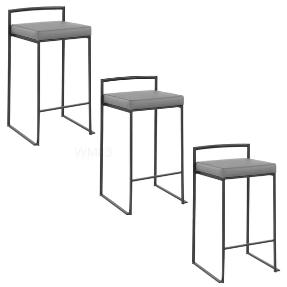 Gray Faux Leather Counter Stools Set of 3 - Stackable Metal Bar Stools for Kitchen Island