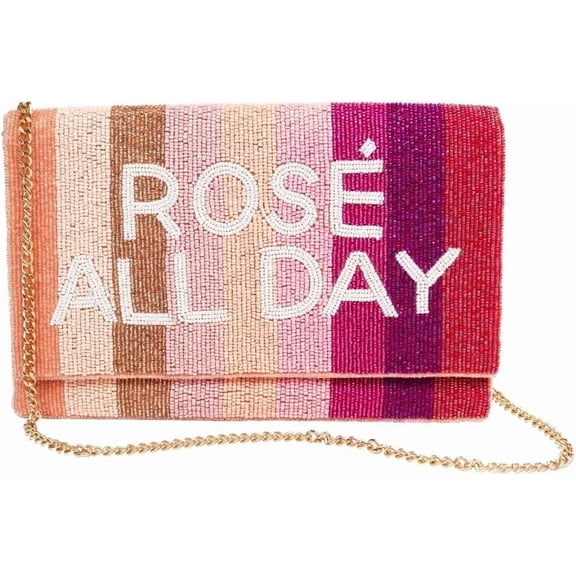 Pretty Robes ROSE ALL DAY Hand-Beaded Clutch Purse with Gold Chain, Wedding & Bachelorette Party Bag, 10.25 x 7 in