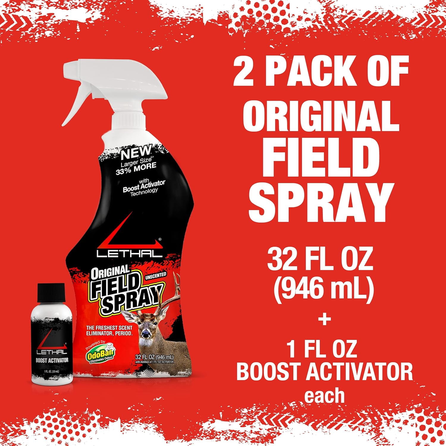 LETHAL Original Field Spray with Human Scent Eliminating Agent for Hunting Clothes, Gear and Equipment, Unscented, 32 Ounce Spray 2-Pack