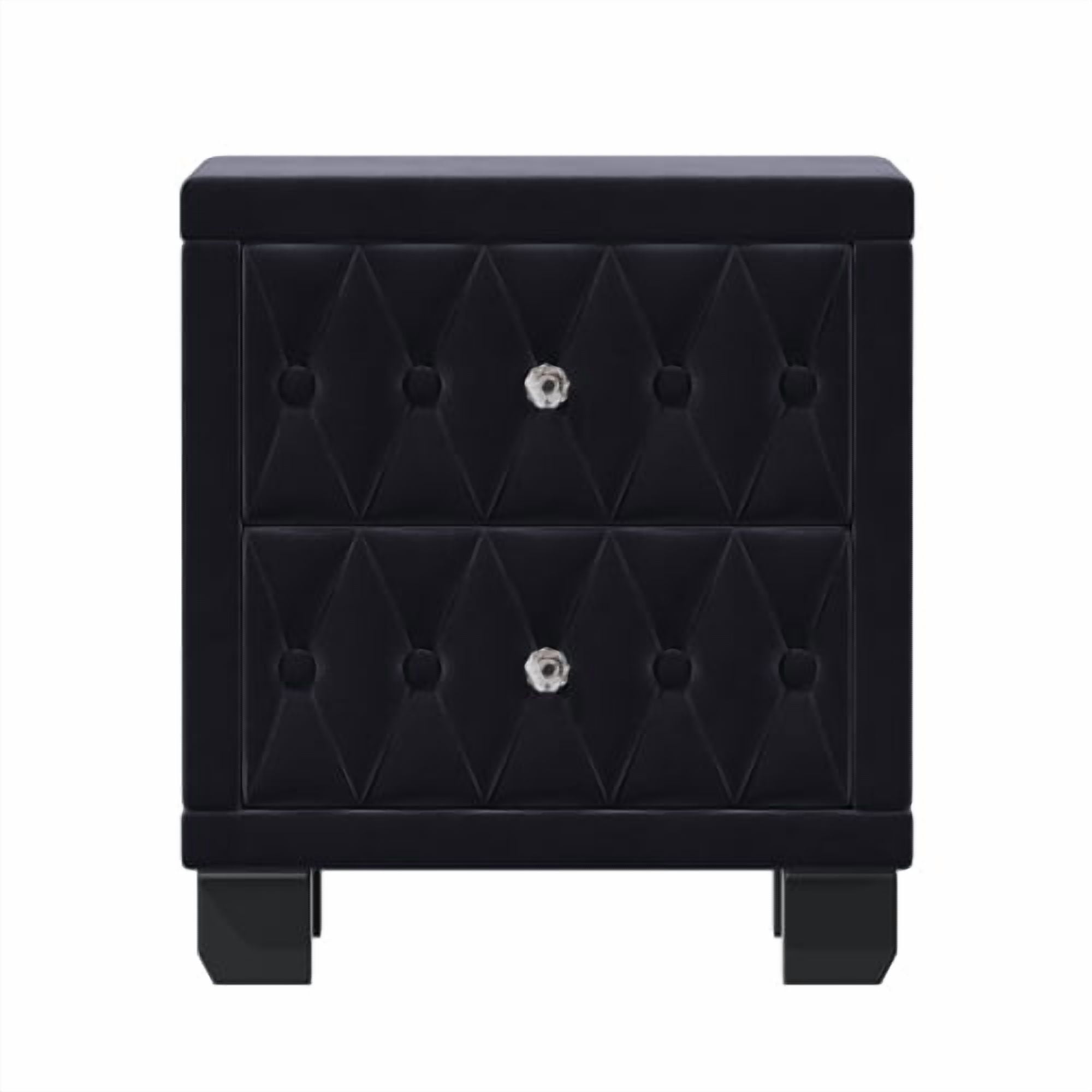 Elegant Velvet Nightstand with 2 Drawers and Crystal Knobs, Button-Tufted Storage Bedside Table, Black