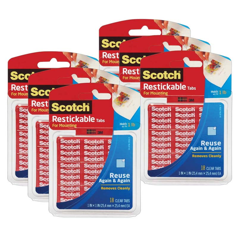 Restickable Tabs, 1" x 1", 18 Per Pack, 6 Packs
